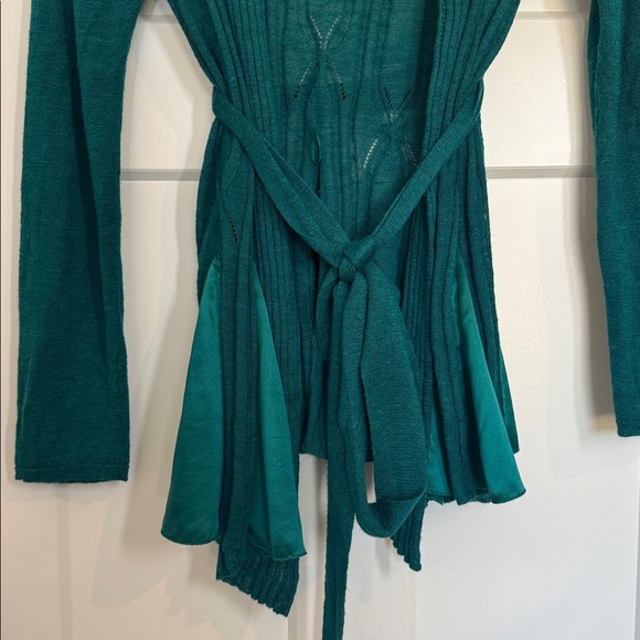 Anthro Knitted & Knotted Teal Open-Front Silk Trim Cardigan Sweater Size M NWT - Picture 10 of 15